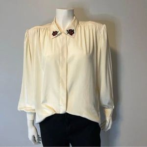Vintage cottagecore cross stitched embroidered collar pleated shoulder blouse L